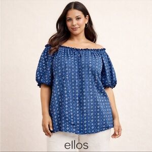 Ellos Blue/White Womens 3X Floral Pullover Short Sleeve Cotton Beachy Boho